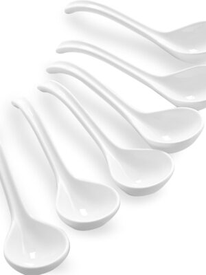 Ceramic  Soup Spoons, Easy to Hold, Long Handle Perfect Depth Spoon Set for Japanese Ramen Noodles, Chinese Dumpling, Pho, Miso, Wonton, Dishwasher Safe -Set of 6 - White