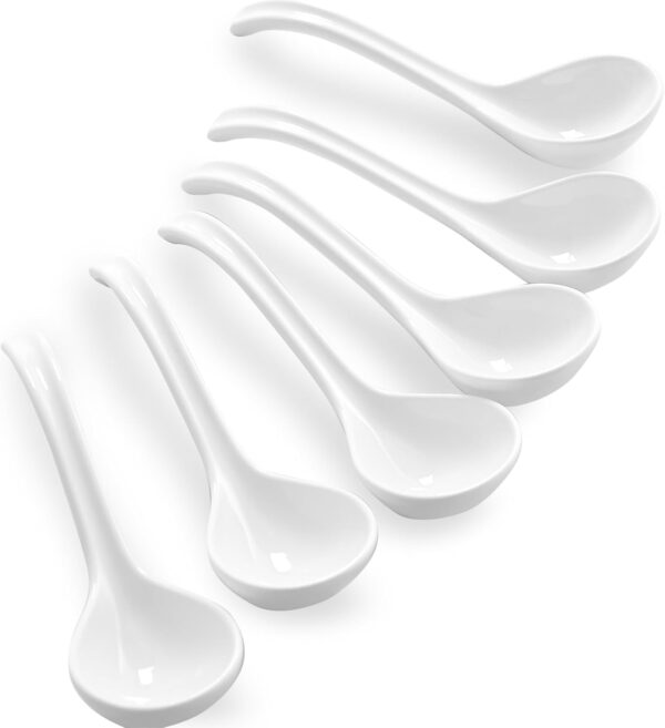 Ceramic Soup Spoons, Easy to Hold, Long Handle Perfect Depth Spoon Set for Japanese Ramen Noodles, Chinese Dumpling, Pho, Miso, Wonton, Dishwasher Safe -Set of 6 - White