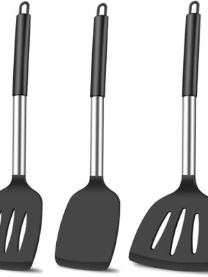 3pc Spatula Set - Silicone Fish Spatulas for Nonstick Cookware & Woks, Heat Resistant, Long & Large Size