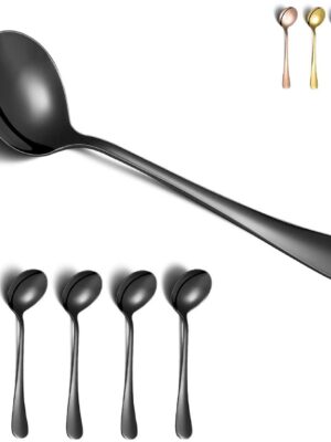 Black Soup Spoons,  6 Pieces Stainless Steel Round Spoons With Black Titanium Plating, Black Dinner Spoon Table Spoon, Spoons Silverware Dishwasher Safe Set of 6