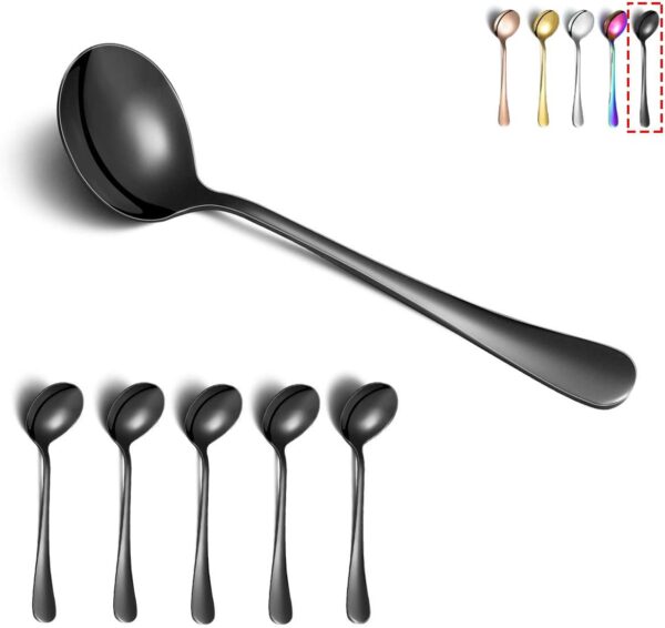 Black Soup Spoons, 6 Pieces Stainless Steel Round Spoons With Black Titanium Plating, Black Dinner Spoon Table Spoon, Spoons Silverware Dishwasher Safe Set of 6