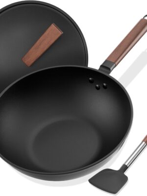 Carbon Steel Wok, 13-Inch, Pre-Seasoned, Non-Stick, with Lid and Spatula, Flat Bottom, Ideal for Stovetop Cooking
