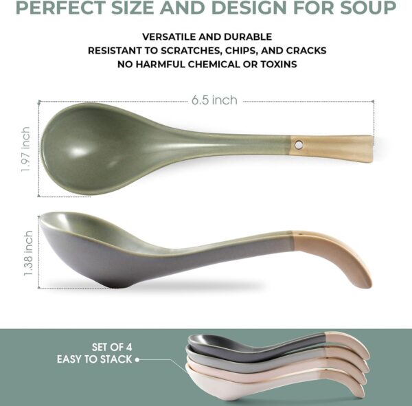 Ceramic Soup Spoon, with Long Handle Easy to Hold, Non-slip Bottom, for Japanese Ramen, Chinese and Vietnamese Wonton, Noodle Soup Spoons (V38)