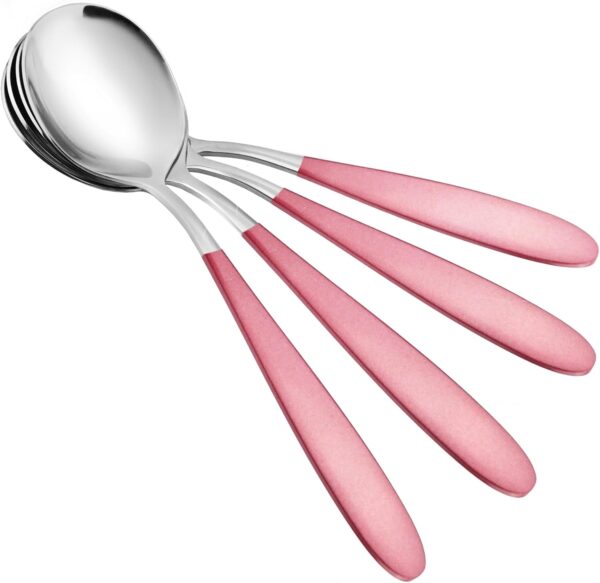 18/10 Stainless Steel Soup Spoons, 7.3-in Deep Round Soup Thick Pink Gifted Spoons, Suitable for Cereal Bouillon Milk Soup Hot Chocolate Dinner Guest, Pack of 4