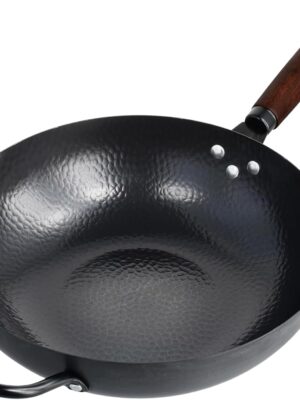 Carbon Steel Wok Pan with Double Spouts, Woks & Stir-Fry Pans Nonstick with Wooden and Steel Helper Handle 11.8 Inches(Flat Bottom)