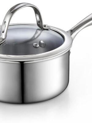 Stainless Steel Saucepan with Lid, Multi-Ply Clad Sauce Pot 1.5-Quart, Silver