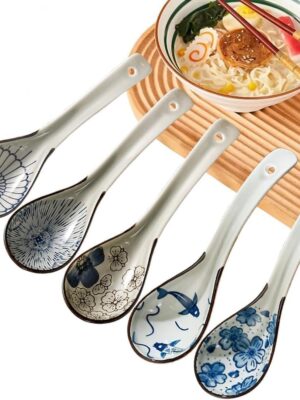 5pcs  Soup Spoon, Ceramic Chinese Soup Spoons, Deep Oval Hook Non-slip Japanese Spoons for Rice Ramen Pho Miso Soup Wonton Noodle, Luck and Prosperity Gifts for Friends Parents Family