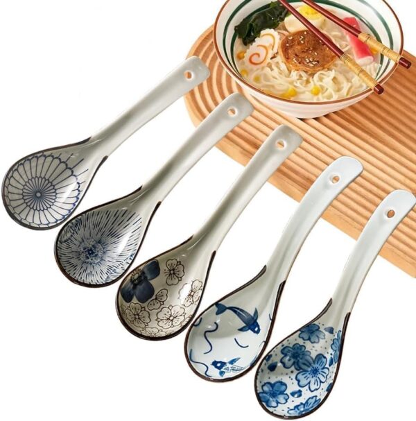 5pcs Soup Spoon, Ceramic Chinese Soup Spoons, Deep Oval Hook Non-slip Japanese Spoons for Rice Ramen Pho Miso Soup Wonton Noodle, Luck and Prosperity Gifts for Friends Parents Family
