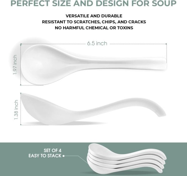 Ceramic Soup Spoon with Long Handle Easy to Hold, Non-slip Bottom, for Soups, Japanese Ramen, Miso, Chinese and Vietnamese Wonton, Dumplings, Pho, Noodle, and Korean Soups, Set of 4