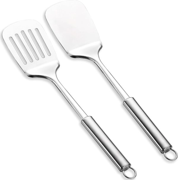 Stainless Steel Spatulas Set, Silver Slotted , Solid , Heavy Duty Sturdy Kitchen Spatula High Heat Resistant, Ideal Cookware for Fish,Eggs,Pancakes, Dishwasher Safe, Easy to Clean