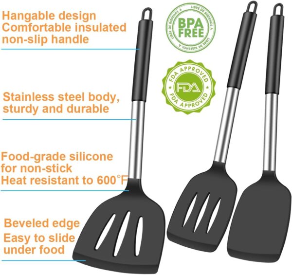 3pc Spatula Set - Silicone Fish Spatulas for Nonstick Cookware & Woks, Heat Resistant, Long & Large Size