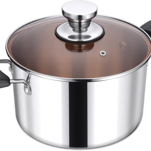 4-Qt Stock Pot, Triply Stainless Steel Stockpot with Glass Lid & Stay-Cool Handles for Cooking Simmering Soup Stew, Heavy Duty Cookware Works w/Induction, Non-toxic & Dishwasher Safe