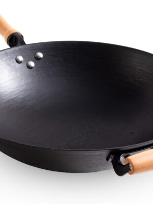 Pre-Seasoned Cast Iron Wok - 14.2 Inch, Round Bottom, Non-Stick, with Light Wooden Handle, Perfect for Gas Stoves, High Heat Retention, Ideal for Stir Fry and Deep Frying