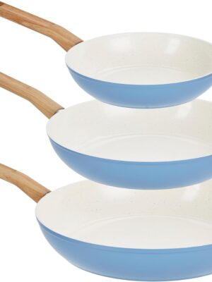 Healthy Ceramic Titanium-Infused 3-Piece Fry Pan Set, Light Blue – Induction Cookware, Nonstick Cooking Pan, Frying Pan Skillet for Eggs, Meats, Vegetables, Sauces, Warming Tortillas