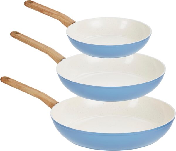 Healthy Ceramic Titanium-Infused 3-Piece Fry Pan Set, Light Blue – Induction Cookware, Nonstick Cooking Pan, Frying Pan Skillet for Eggs, Meats, Vegetables, Sauces, Warming Tortillas
