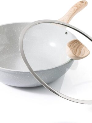 Ceramic Wok Pan, 12 Inch Nonstick Wok with Lid, Healthy Non Toxic Woks & Stir-fry Pans for Cooking, Induction Cookware,  &  Free