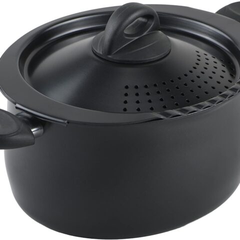 5.5 Quart Pasta Pot with Strainer Lid, Charcoal – Elongated Oval Pot for Longer Spaghetti, Lasagna, Penne & Farfalle Noodles, Heat Resistant Handles & Nonstick Interior, Large Pot for Cooking