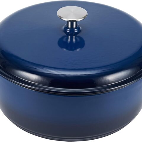 Cast Iron Dutch Oven Pot with Lid, Enameled, Round, Dual Handles, Heavy-Duty, Medium, 6-Quart, Navy