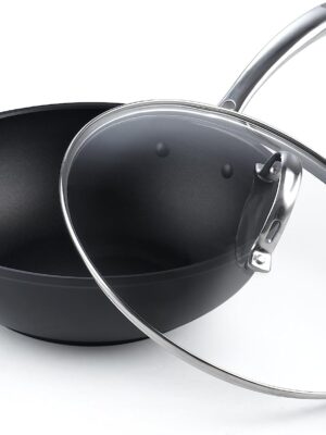 Nonstick Stir-Fry Wok Pan 11-Inch, Hard Anodized Deep Frying Pan with Glass Lid, Flat Bottom, Black