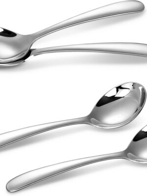 Premium 7.3 Inches Soup Spoons with Hook Handle, Set of 4, 18/10 Stainless Steel, Deep Bowl, Perfect for Ramen, Pho, Miso, Dumplings, Noodles, Wonton, Dishwasher Safe (Round-Handle)