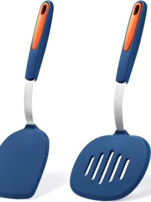 To encounter 2 Pieces Silicone Spatula set, Non-Stick  Spatulas, Heat Resistant Silicone Cooking Flipper for Eggs, Fish, Pancakes, Navy Blue