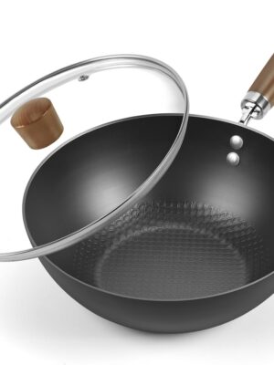 Carbon Steel Wok Pan, 9.5" Stir-Fry Pan, 1.65lb Lightweight Flat Bottom Mini Wok for 1-2 Servings