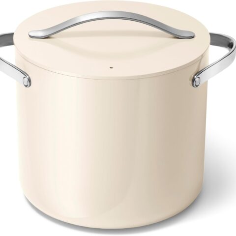 Caraway Stock Pot - 12 Qt Ceramic Coated Pot With Lid - Fee From Large Pot for Bigger Batches - Cream