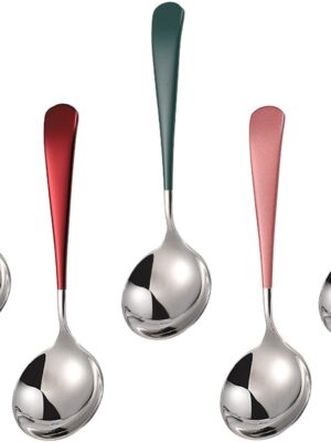 Soup Spoons Stainless Steel, 18/10 Round Head Soup Spoons, Modern Thick Short handle 304 Stainless Steel Korean Spoon, Dinner Metal Spoons for Soup, Grain,Dessert,Milk,Tea,Coffee, 6.3 Inch, Set of 5