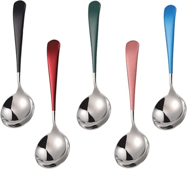 Soup Spoons Stainless Steel, 18/10 Round Head Soup Spoons, Modern Thick Short handle 304 Stainless Steel Korean Spoon, Dinner Metal Spoons for Soup, Grain,Dessert,Milk,Tea,Coffee, 6.3 Inch, Set of 5