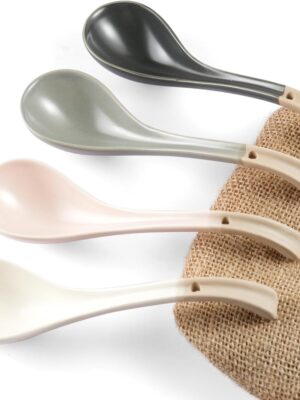 Ceramic Soup Spoon, with Long Handle Easy to Hold, Non-slip Bottom, for Japanese Ramen, Chinese and Vietnamese Wonton, Noodle Soup Spoons (V38)