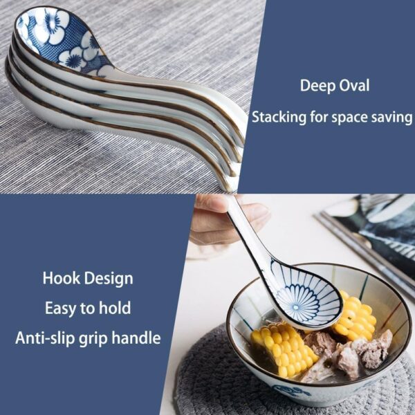 5pcs Soup Spoon, Ceramic Chinese Soup Spoons, Deep Oval Hook Non-slip Japanese Spoons for Rice Ramen Pho Miso Soup Wonton Noodle, Luck and Prosperity Gifts for Friends Parents Family