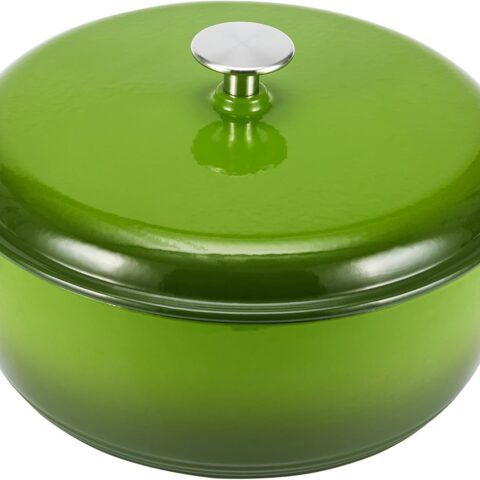 Cast Iron Dutch Oven Pot with Lid, Enameled, Round, Dual Handles, Heavy-Duty, Medium, 6-Quart, Green
