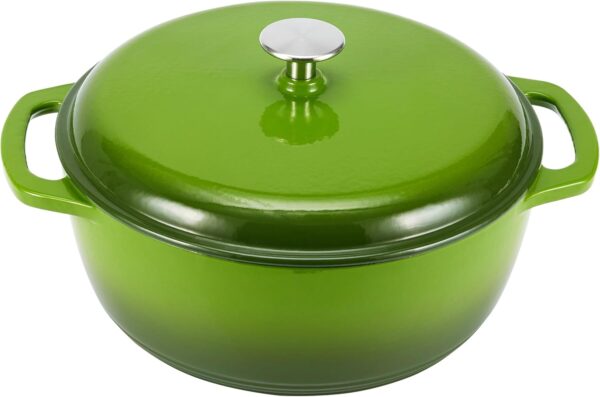 Cast Iron Dutch Oven Pot with Lid, Enameled, Round, Dual Handles, Heavy-Duty, Medium, 6-Quart, Green