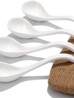 Ceramic Soup Spoon with Long Handle Easy to Hold, Non-slip Bottom, for Soups, Japanese Ramen, Miso, Chinese and Vietnamese Wonton, Dumplings, Pho, Noodle, and Korean Soups, Set of 4