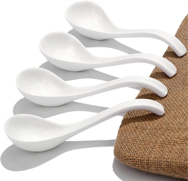 Ceramic Soup Spoon with Long Handle Easy to Hold, Non-slip Bottom, for Soups, Japanese Ramen, Miso, Chinese and Vietnamese Wonton, Dumplings, Pho, Noodle, and Korean Soups, Set of 4