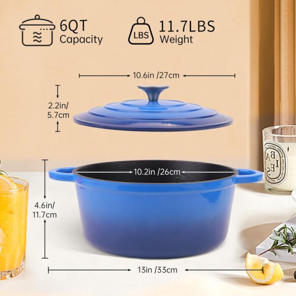 6QT Enameled Cast Iron Dutch Oven with Lid & Silicone Accessories, Round Dutch Oven Pot with Lid-Dual Handles, Oven Safe up to 500° F or on Stovetop, Kitchen Cookware for Bread Baking, Stew (Inner Black)