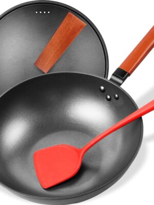 Wok Pan with Lid, Woks & Stir Fry Pans with Silicone Spatula, Nonstick Wok and Carbon Steel Woks, No Chemical Coated Flat Bottom Chinese Wok For Induction, Electric, Gas, All Stoves, 13in