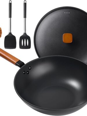 Wok Pan with Lid - 13" Nonstick Wok, Carbon Steel Woks & Stir-Fry Pans with Cookwares, Flat Bottom Chinese wok for Electric, Induction and Gas Stoves