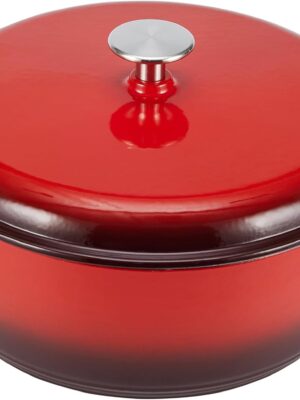 Cast Iron Dutch Oven Pot with Lid, Enameled, Round, Dual Handles, Heavy-Duty, Medium, 6-Quart, Red