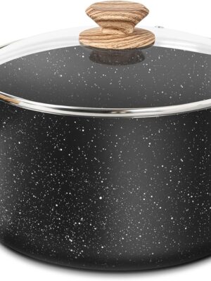6 Quart Stock Pot with Lid, Nonstick Soup Pot with Lid, 6 Qt Cooking Pot Induction Compatible, Non Stick Pot with Stay-cool Handle, Nonstick Pot for Cooking, Black Granite