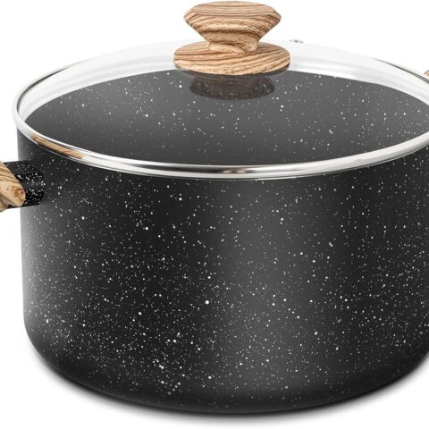 6 Quart Stock Pot with Lid, Nonstick Soup Pot with Lid, 6 Qt Cooking Pot Induction Compatible, Non Stick Pot with Stay-cool Handle, Nonstick Pot for Cooking, Black Granite