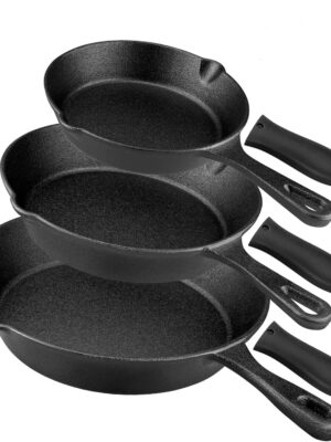 Pre-Seasoned Cast Iron Skillet 3 piece Cast Iron Frying Pan set with Heat-Resistant Handles - 6 inch, 8 inch and 10 inch Cast Iron Set, For Frying, Saute, Pizza, Oven Safe (Black)