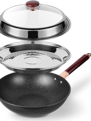 12.5” Woks & Stir-Fry Pans with Lid Steamer, Nonstick Ceramic Wok Pan with Lid, Deep Large Induction Hard Anodized Frying Wok, Carbon Steel Wok Set Flat Bottom, Large Saute Pan Set
