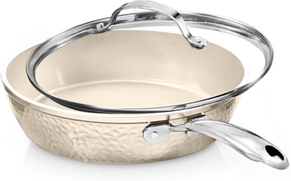 Hammered 10 Inch Non Stick Frying Pans with Lid, Frying Pans Nonstick with Lid, Healthy and Non Toxic Ceramic Pan for Cooking, Nonstick Frying Pan, Induction Pan, Dishwasher Safe – Cream