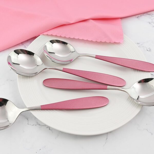 18/10 Stainless Steel Soup Spoons, 7.3-in Deep Round Soup Thick Pink Gifted Spoons, Suitable for Cereal Bouillon Milk Soup Hot Chocolate Dinner Guest, Pack of 4