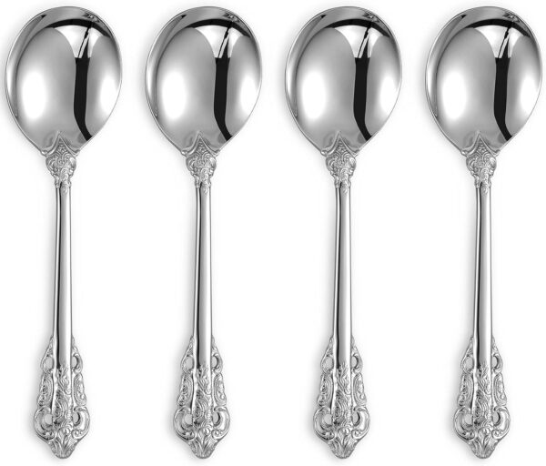 Gorgeous Round Soup Spoon, Set of 4, 18/10 Stainless Steel, Luxury Bouillon Spoon, Dishwasher Safe, Fine Mirror Polished (Silver)