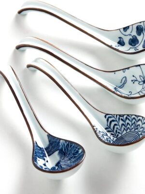 Ceramic  Soup Spoons, Easy to Hold, Long Handle Perfect Depth Spoon Set for Japanese Ramen Noodles, Chinese Dumpling, Pho, Miso, Wonton, Dishwasher Safe -Set of 4 - Blue