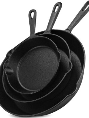 Saute Fry Pan - Pre-Seasoned Cast Iron Skillet Set 3-Piece - Frying Pan - 6 Inch, 8 Inch and 10 Inch Cast Iron Set - Cooking Gift for Men & Women (Black)