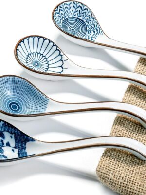 Ceramic Soup Spoon, with Long Handle Easy to Hold, Non-slip Bottom, for Japanese Ramen, Chinese and Vietnamese Wonton, Noodle Soup Spoons (V86)