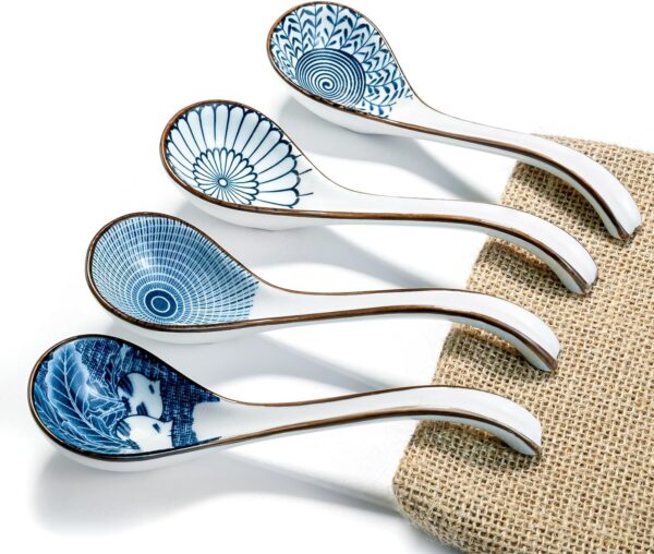 Ceramic Soup Spoon, with Long Handle Easy to Hold, Non-slip Bottom, for Japanese Ramen, Chinese and Vietnamese Wonton, Noodle Soup Spoons (V86)